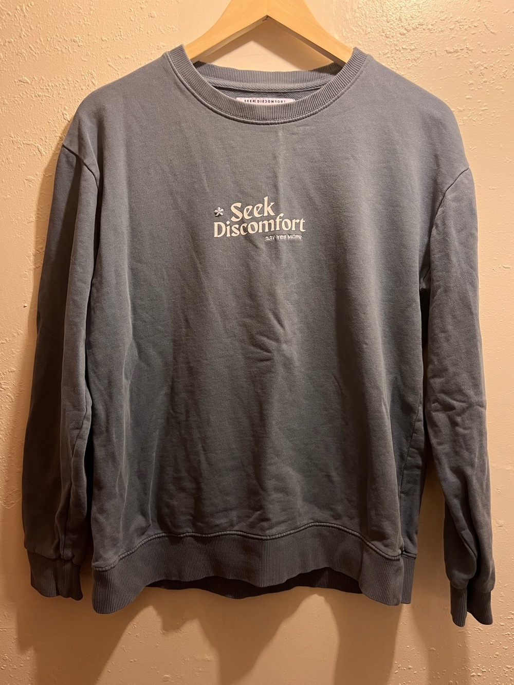 Seek Discomfort Graphic Grey Crewneck Sweatshirt Unisex Size Small